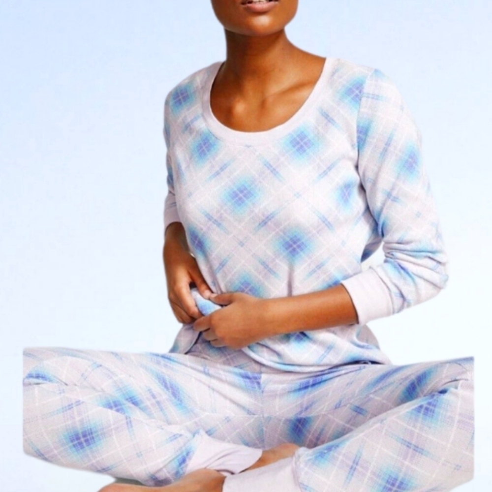 NWT Victoria Secret Blue Plaid Thermal Long PJ Sz XL